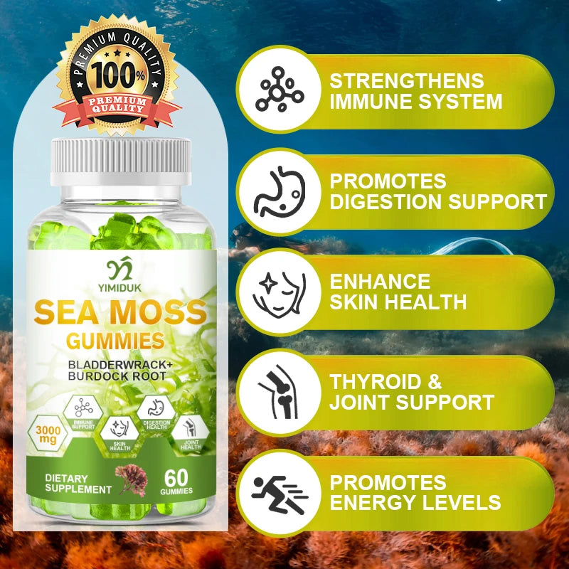 Organic Sea Moss Gummies Bladderwrack Skin Joint Health Immune Support Gut Cleanse Thyroi