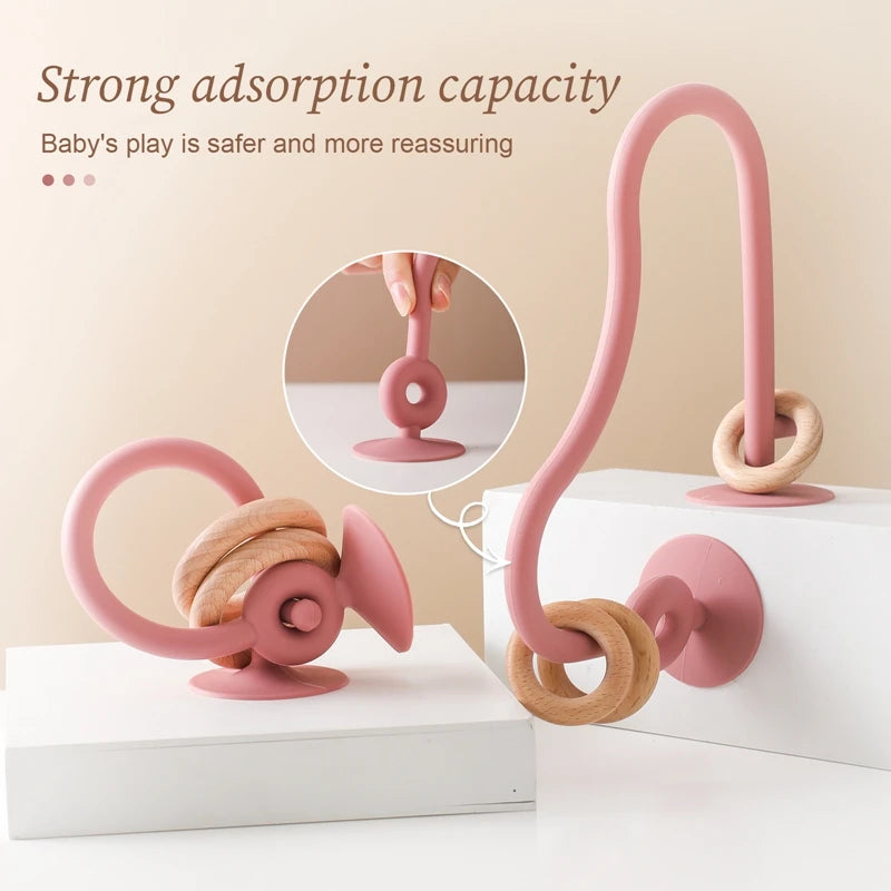 Baby Teether Toy: Silicone Educational Toy for 0-12 Months, Montessori Silicone Teething Toys with Wooden Ring Accessories