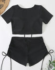 Black Drawstring Swimwear Bikinis Crop Top Shorts Women Sexy Bathing Swim