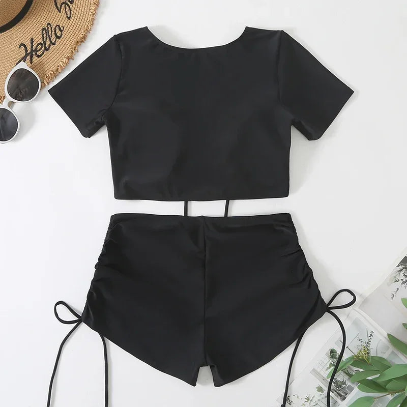 Black Drawstring Swimwear Bikinis Crop Top Shorts Women Sexy Bathing Swim