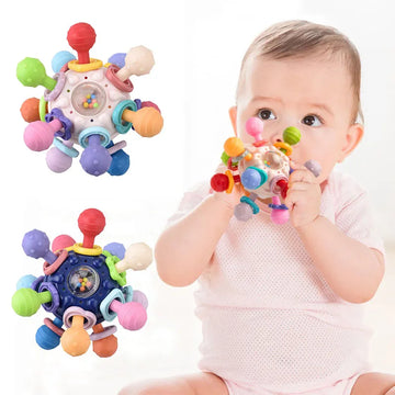 Baby Toys 0-12 Months: Rotating Rattle Ball Grasping Activity Toy, Silicone Teether for Baby Sensory Development