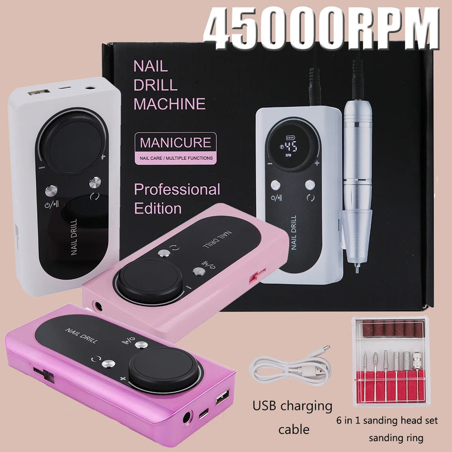 USB Rechargeable Nail Drill Manicure Machine Professional Nail Care 45000RPM