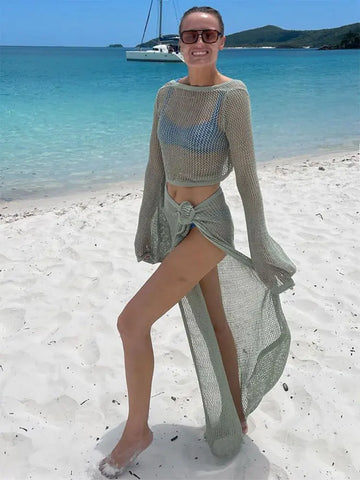 Sexy Knit Cut Out Bell Sleeve Short Top Lace-up Beach Summer Women Bikini Cover-ups Beachwear Set