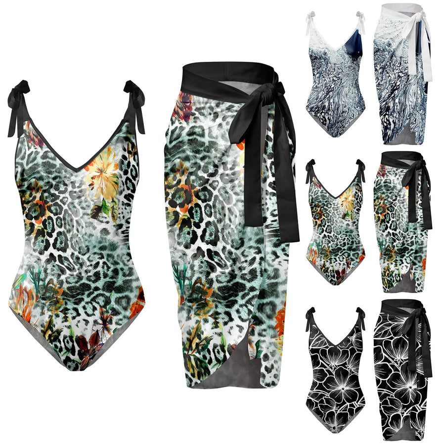 Womens V Neck Flower Printed Swimsuit Apron