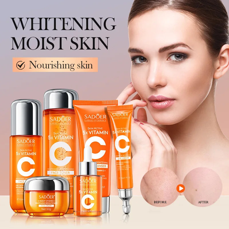 Vitamin C Face Skin Care Set  - Whitening Face Cream , Dark Spots Serum,  Eye Cream,  Toner,  Facial Cleanser,  Moisturizing Kit