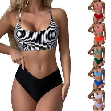 Contrast Color Trendy Teens Bikini Set for 2024 Summer Stripe Tops Women Sexy Bikini