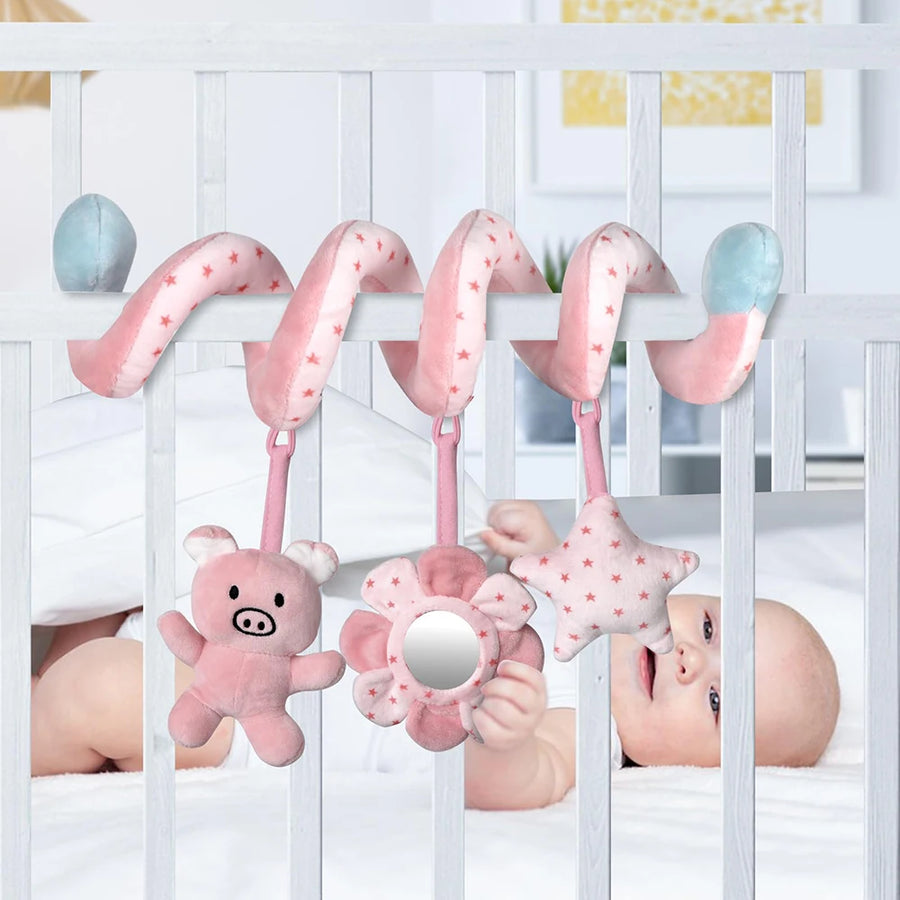 Infant Baby Spiral Activity Hanging Toys: Car Seat, Stroller Bar, Crib, Bassinet Mobile with Mirror, BB Squeaker, and Rattles