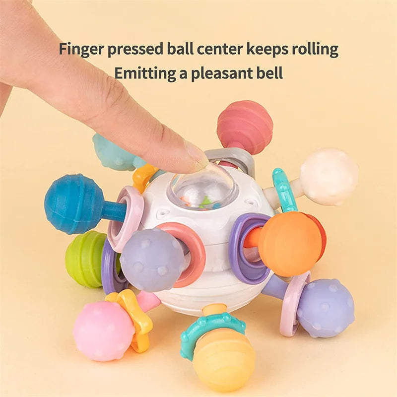 Baby Toys 0-12 Months: Rotating Rattle Ball Grasping Activity Toy, Silicone Teether for Baby Sensory Development