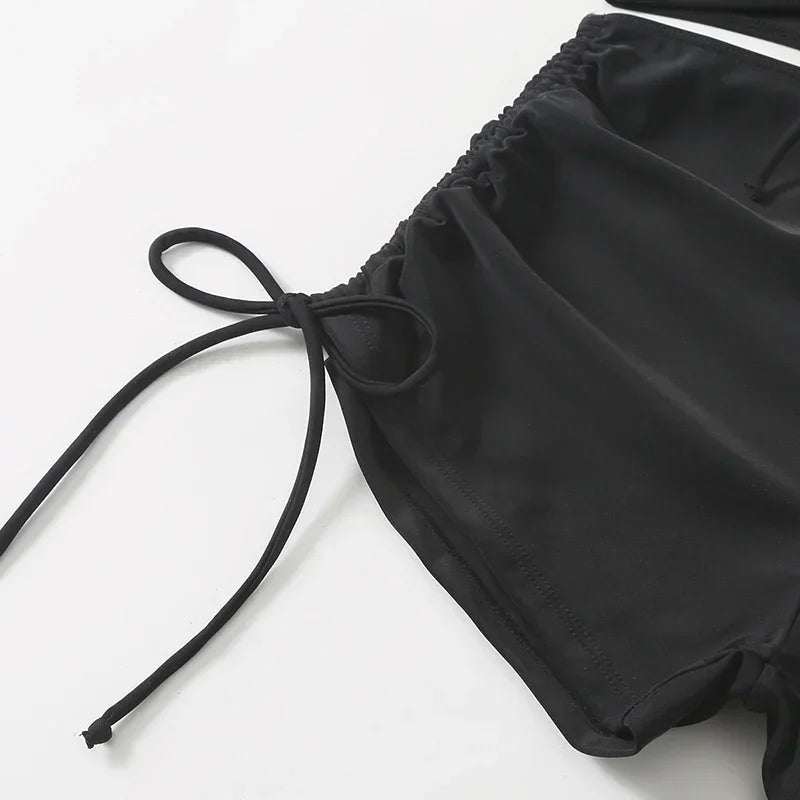 Black Drawstring Swimwear Bikinis Crop Top Shorts Women Sexy Bathing Swim