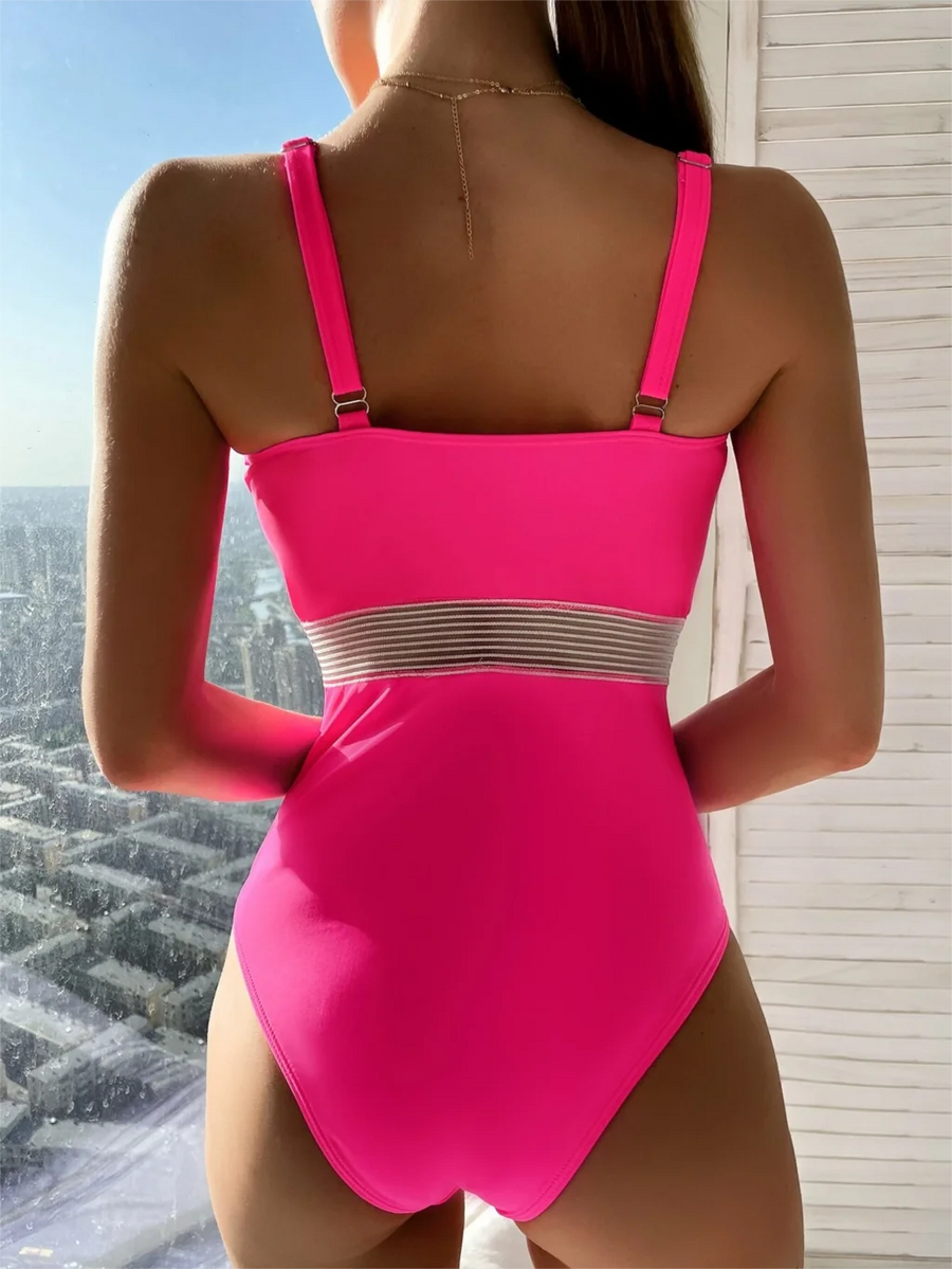 Contrast Mesh Push Up Swimsuit One Piece Sexy Swimwear Women Underwire Bathing Suit