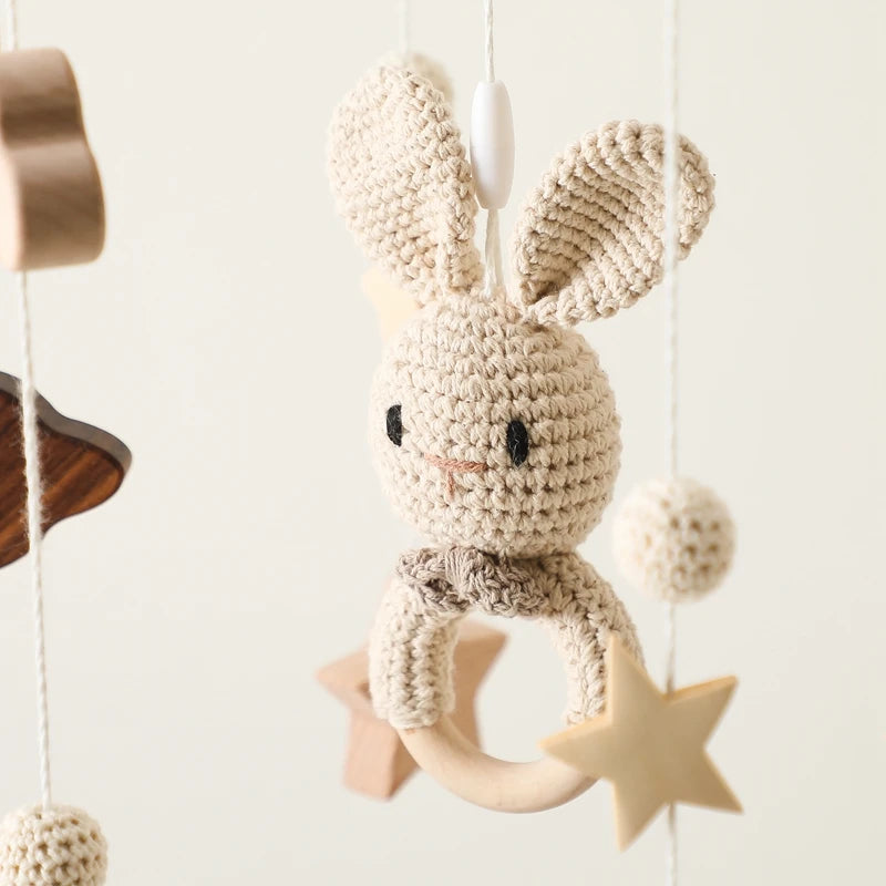 Wooden Baby Bed Bell: Cartoon Rabbit Mobile Hanging Rattles Toy Hanger, Crib Mobile with Wood Toy Holder Arm Bracket, Ideal Kid Gift