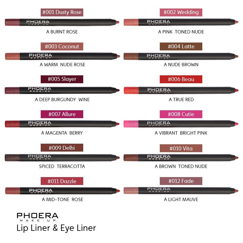 PHOERA Waterproof Matte Lipliner Pencil 12Color