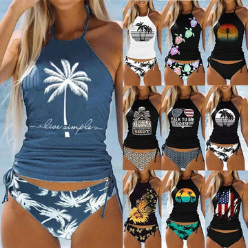 Women's Bathing Suit Coconut Drawstring  Neck Tankini Set Summer Beach  Sexy Bikini