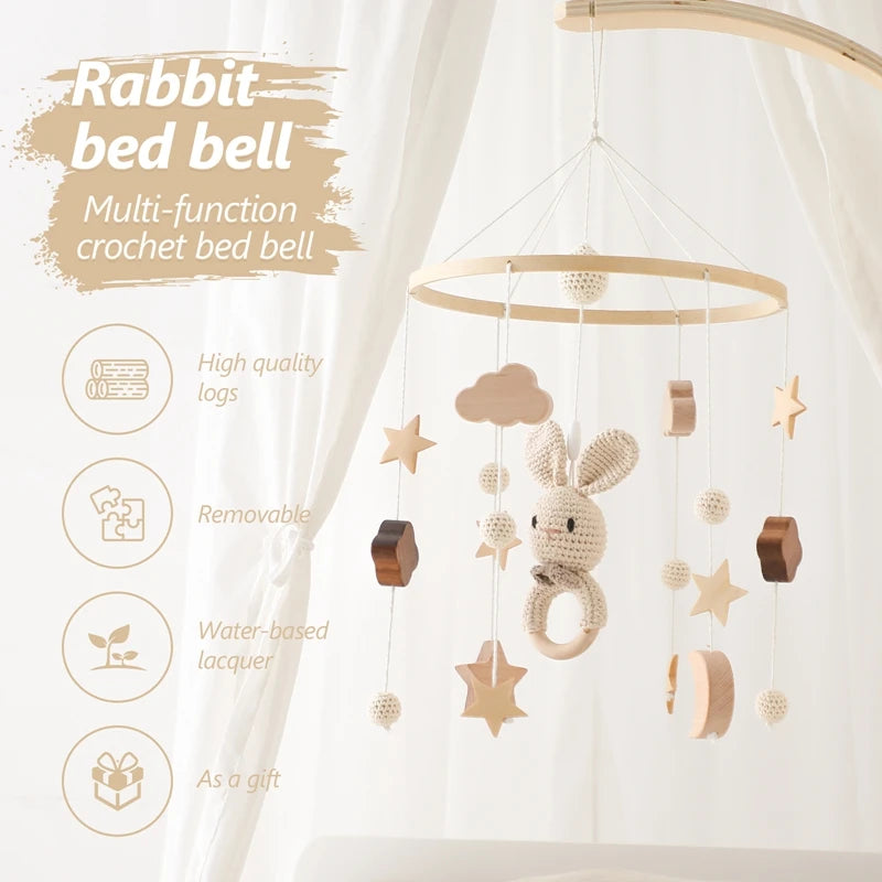 Wooden Baby Bed Bell: Cartoon Rabbit Mobile Hanging Rattles Toy Hanger, Crib Mobile with Wood Toy Holder Arm Bracket, Ideal Kid Gift