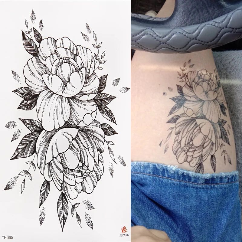 Waterproof Temporary Tattoo Sticker Flower Pattern Design Full Flower Arm Body Art Large Tattoo Sticker Black Roses 1PC