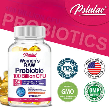 Pslalae Women's Row Probiotics 100 Billion CFU With Prediotics & Digestive Enzyme 120 Vegetable Capsules