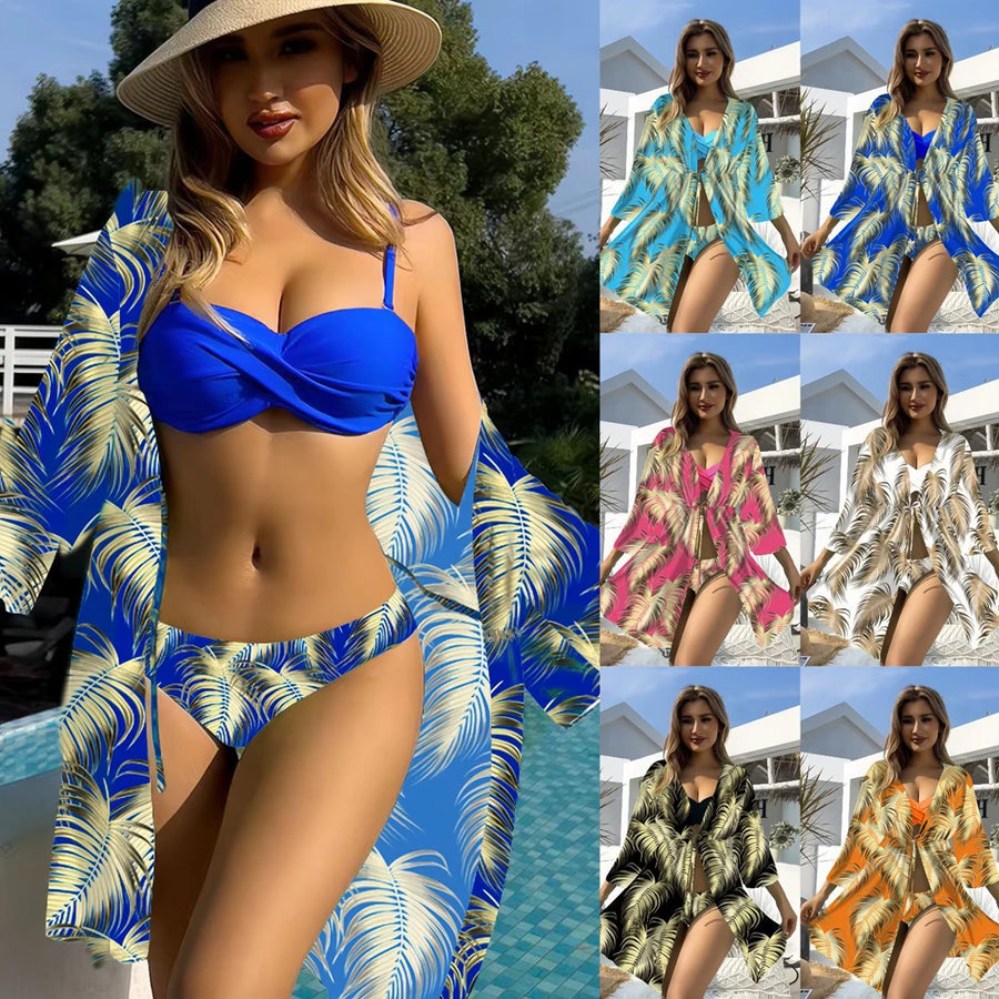 Sexy Bikini 3 Piece Set Solid Top Low Waisted Bottom With Long Sleeved Women Summer Beachwear