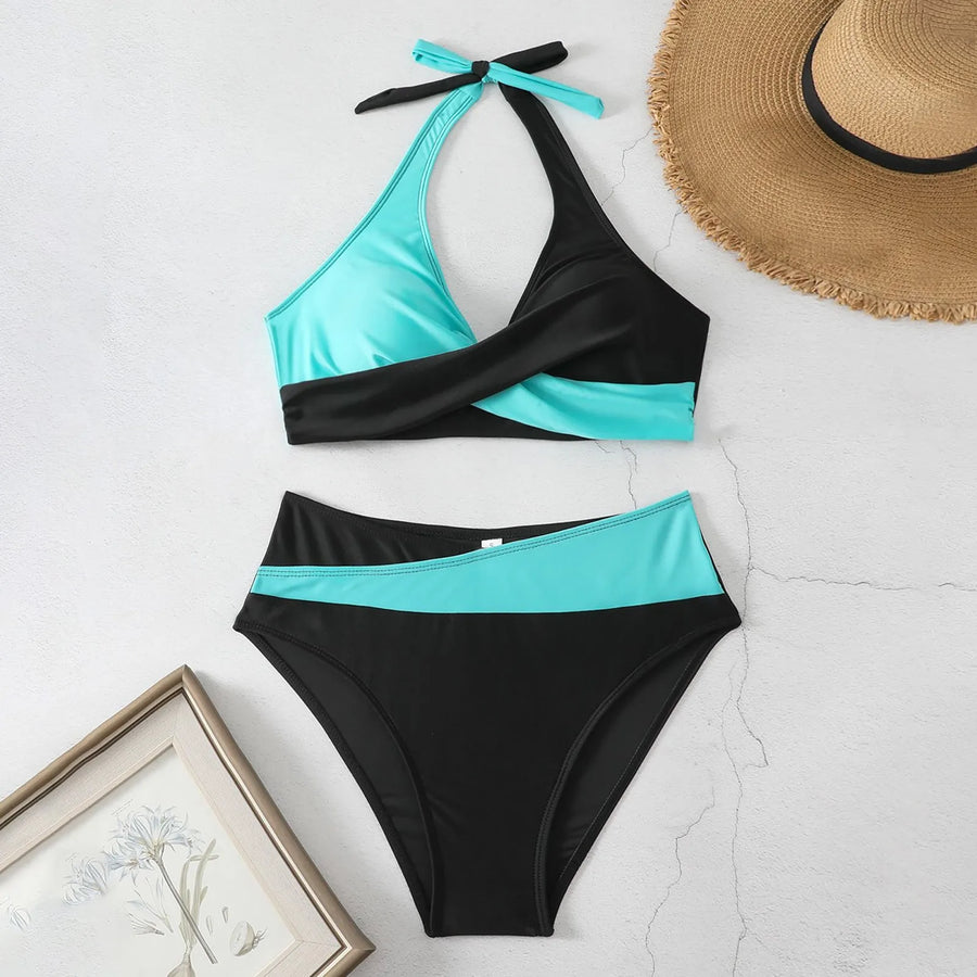 Split Swimsuit Bikini with Leaf Print Neck V Neck Swimsuit Shorts