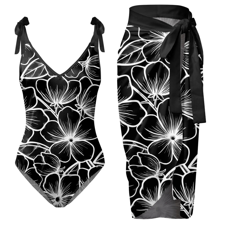 Womens V Neck Flower Printed Swimsuit Apron