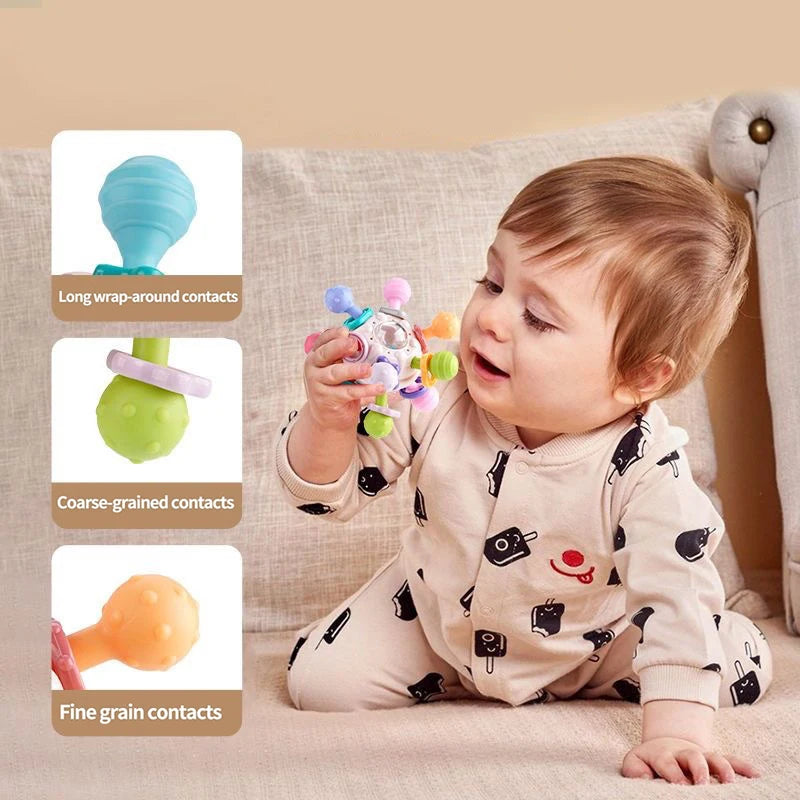 Baby Toys 0-12 Months: Rotating Rattle Ball Grasping Activity Toy, Silicone Teether for Baby Sensory Development