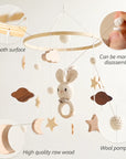 Wooden Baby Bed Bell: Cartoon Rabbit Mobile Hanging Rattles Toy Hanger, Crib Mobile with Wood Toy Holder Arm Bracket, Ideal Kid Gift