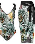 Womens V Neck Flower Printed Swimsuit Apron