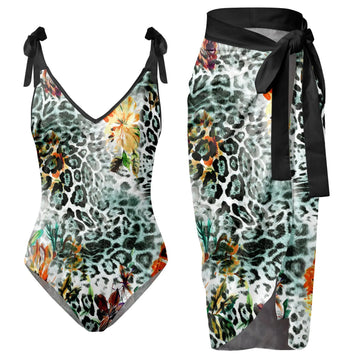 Womens V Neck Flower Printed Swimsuit Apron