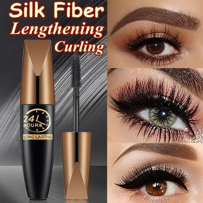 Waterproof Silk Fiber Lengthening Curling Long Lasting Black Silk Fiber Mascara Makeup Black