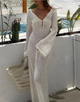 Yiiciovy Sexy Women Long Knit Beach Dress  V-Neck Long Sleeve Bikini Cover