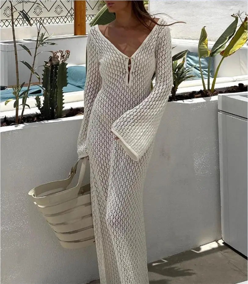 Yiiciovy Sexy Women Long Knit Beach Dress  V-Neck Long Sleeve Bikini Cover