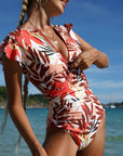 Backless Ruffled Sexy Swimwear Women Swimsuit High Cut Monokini One Piece Bathing Suits Bikini