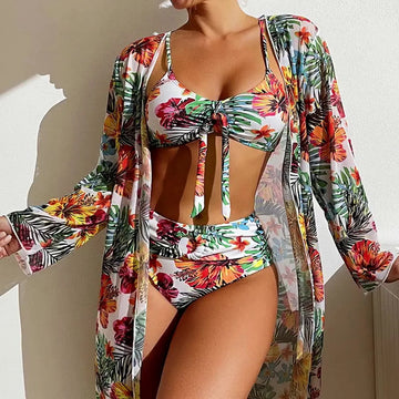 Sexy High Waisted Bikini Swimsuit Women Bikini Set With Mesh Long-Sleeved Blouse Size S-3XL