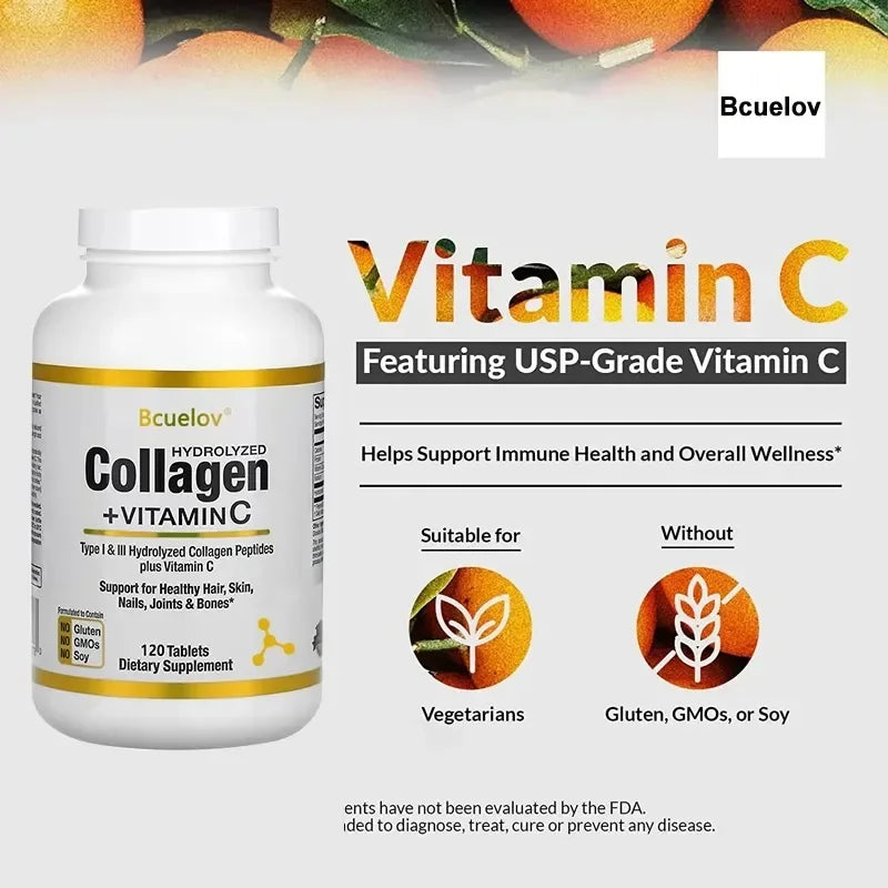 Bcuelov Collagen Vitamin C Support For Healthy Hair, skin, Nail 120 Capsules Dieatary Suppllement