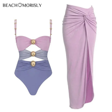 New Block Cutout Shiny One Piece Swimsuit with Sarong Bathing Suit