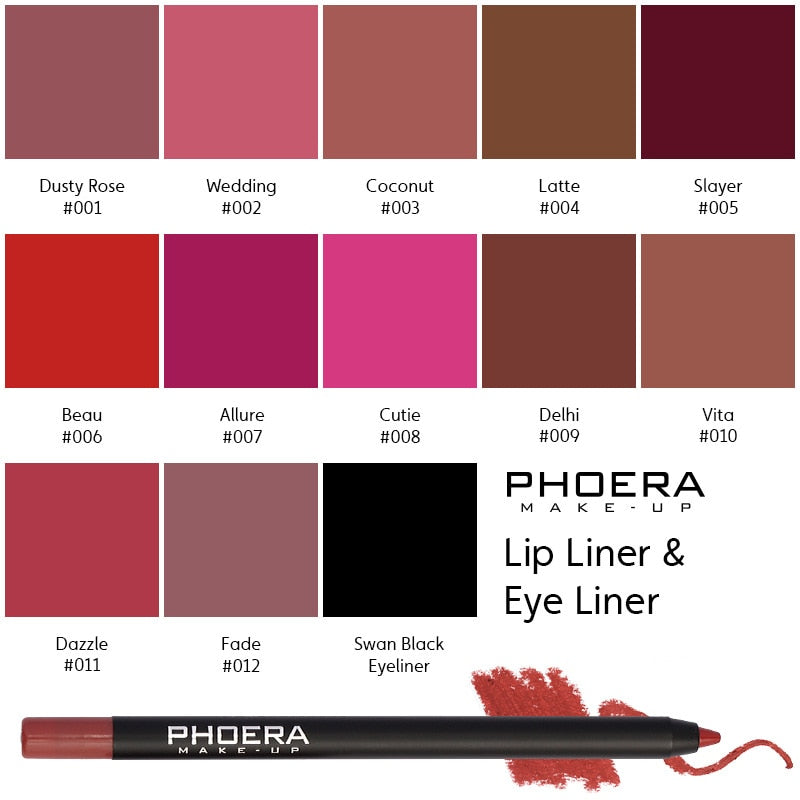 PHOERA Waterproof Matte Lipliner Pencil 12Color