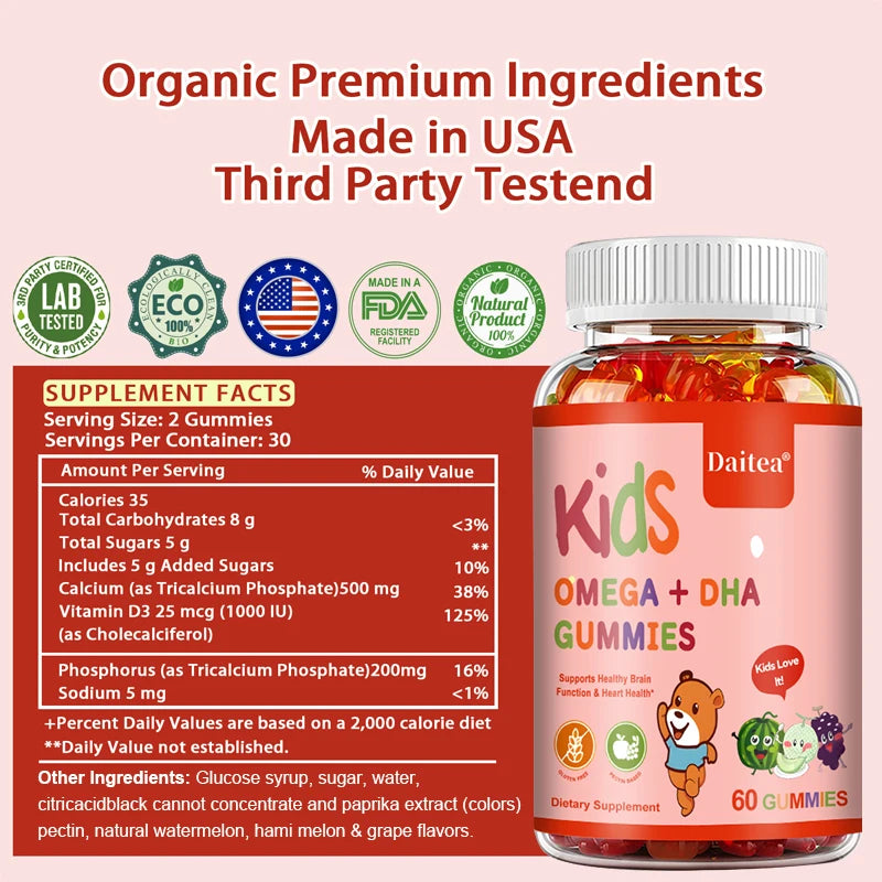 Kids Gummies with Omega DHA Vitamin C Supports Brain Function Vision and Heart