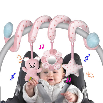 Infant Baby Spiral Activity Hanging Toys: Car Seat, Stroller Bar, Crib, Bassinet Mobile with Mirror, BB Squeaker, and Rattles