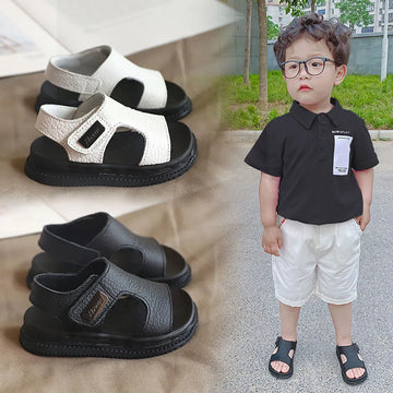 2024 Korean Style Boys' Summer Beach Sandals: Fashionable PU Leather Children's Footwear with Anti-Slip Soft Soles