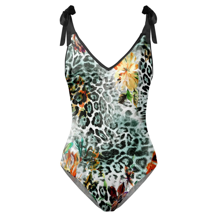 Womens V Neck Flower Printed Swimsuit Apron