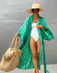 Boho Stripe Tie Dye Swimsuit Cover Up with Belt Cardigan Dress