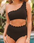 Black Scallop Trim Textured One Shoulder High Waist Bikini Set