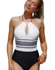 White Striped Backless Cut Out Halter One Piece Swimsuit