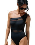 Black Mesh Insert One Shoulder High Waist Teddy Swimsuit