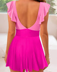 Bright Pink Cut Out Ruffle Crossed One Piece Swimdress