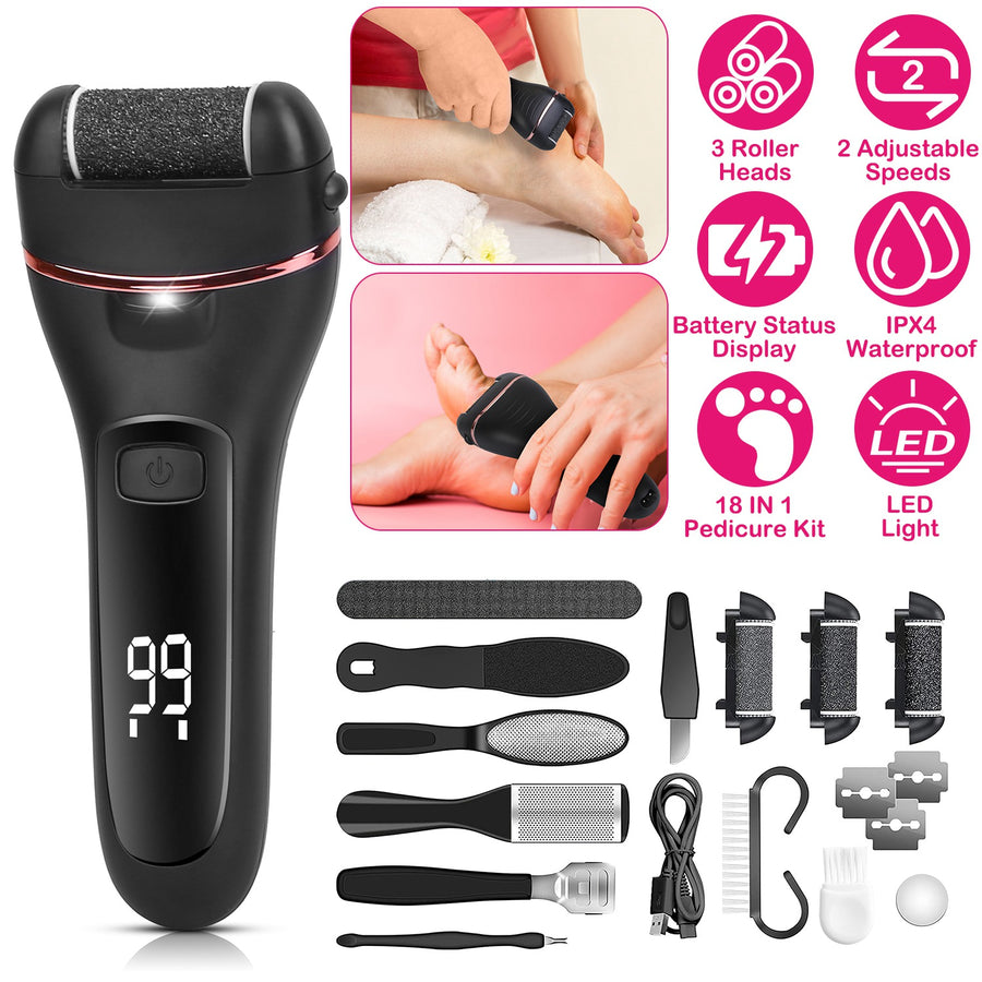 Electric Foot Callus Remover Foot Grinder Rechargeable Foot File Dead Skin Pedicure Machine w/ 3 Roller Heads 2 Speeds 18 in 1 Foot Care Tool