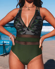 Army Green Camo Patchwork Deep V Neck One Piece Swimsuit