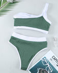 Green Ribbed One Shoulder High Waisted Bikini Swimsuit