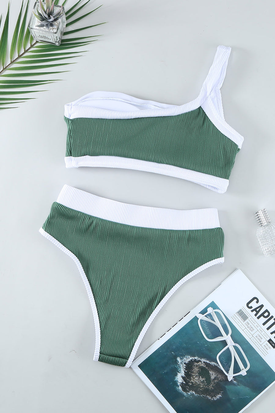 Green Ribbed One Shoulder High Waisted Bikini Swimsuit