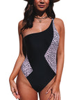 Black Leopard Splice One Shoulder One Piece Swimsuit