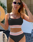 Black Striped Patchwork Spaghetti Strap High Waist Bikini Set